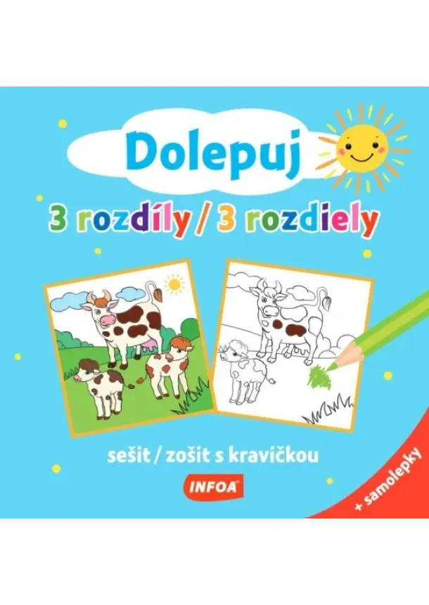 kol. - Dolepuj 3 rozdiely - zošit s kravičkou + samolepky