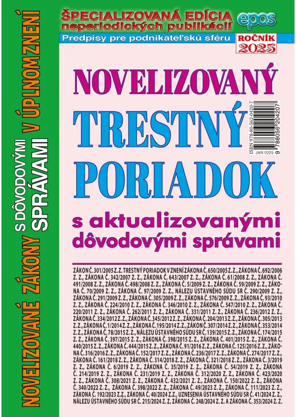  kol. - Novelizovaný Trestný poriadok s aktualizovanými dôvodovými správami v úplnom znení (NZ 2/2025)